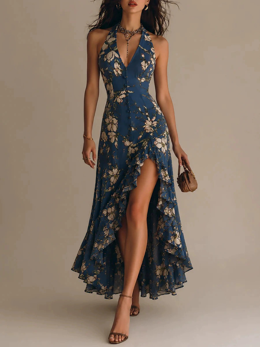 ZARA Womens Fashionable Printed Slim Fit Long Dress with Wind Collar